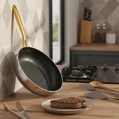 Poele inox presentation sur comptoir